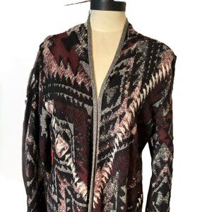 LUCKY BRAND Black/Gray/Burgundy Tribal Patterned Fringe Cardigan sz M
